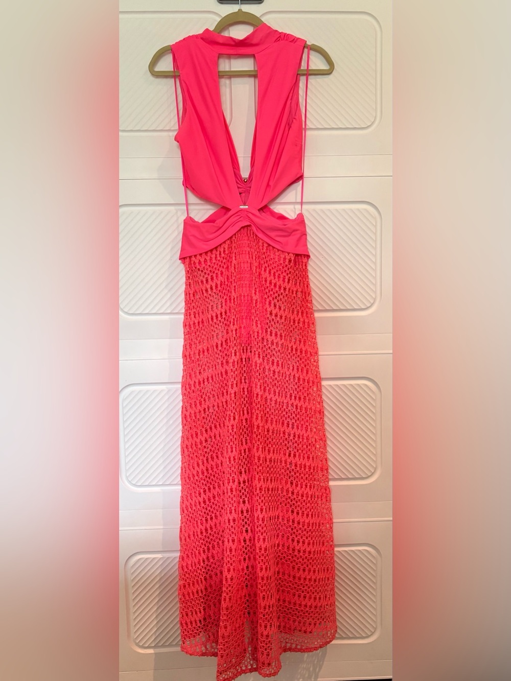 NWOT PatBo Pink Crochet Maxi Dress with Plunge Twist Bodice - Picture 5 of 6